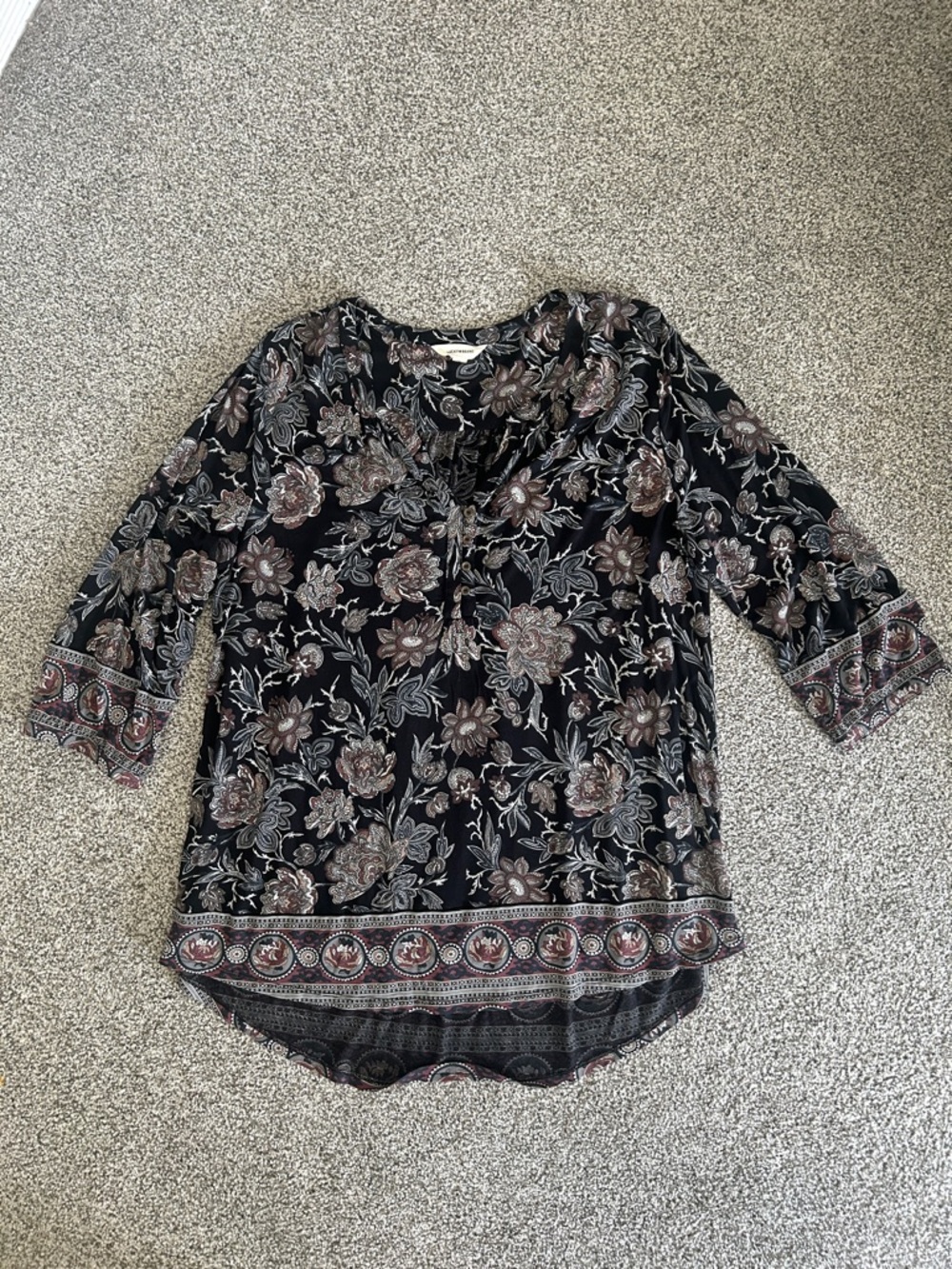 Lucky Brand Black Floral Border-Trim V-Neck Tunic with Taupe and Dusty Rose